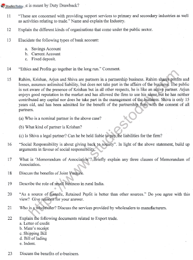 CBSE Class 11 Business Studies Question Paper Set O Solved